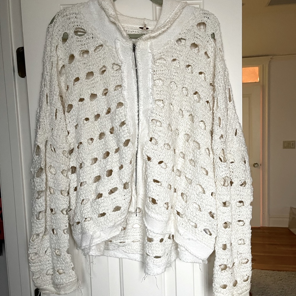 Free People Ivory Knit Holed Sweatshirt